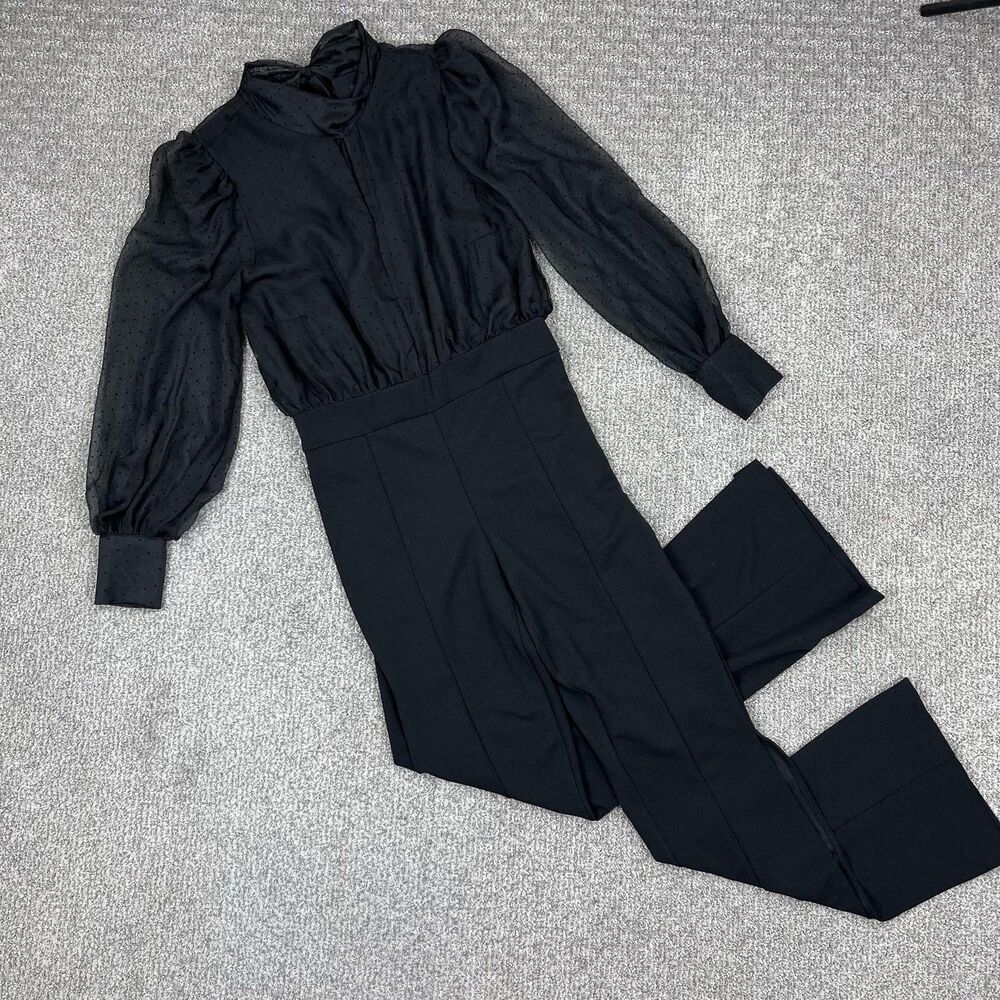 Bebe Jumpsuit Womens 6 Black Swiss Dot Chiffon High Neck Bow Wide Leg Party